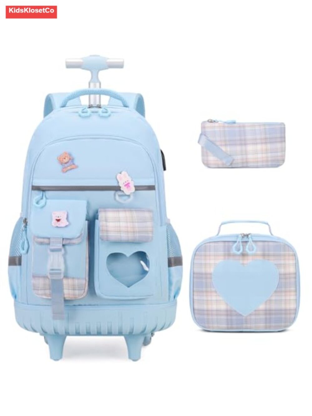 Girls Rolling Backpack with Wheels, Foldable 3-in-1 Set with Lunch Bag & Pencil